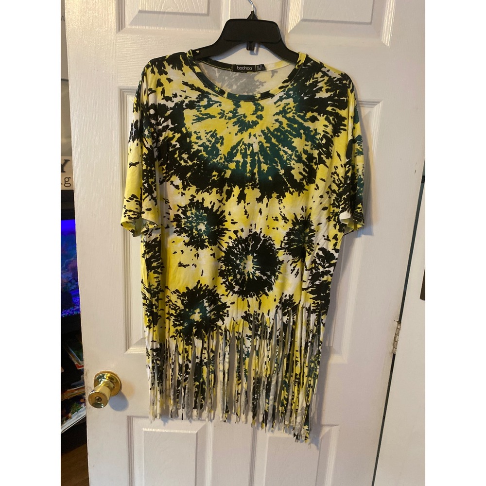 Boohoo Womens Tie‎ Dye Fringe T-Shirt Yellow Black Sunburst Festival Top US 12